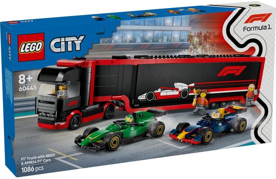 LEGO City F1 truck met RB20 en AMR24 F1® auto’s speelset – 60445